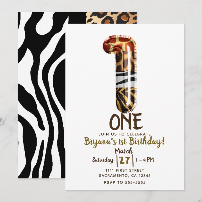 Invitation Safari Jungle Zèbre Léopard UN 1er Anniversaire (Devant / Derrière)