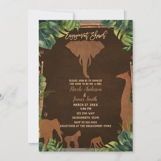 Invitation Safari Jungle Zoo Animaux Marron Engagement Douche (Devant)