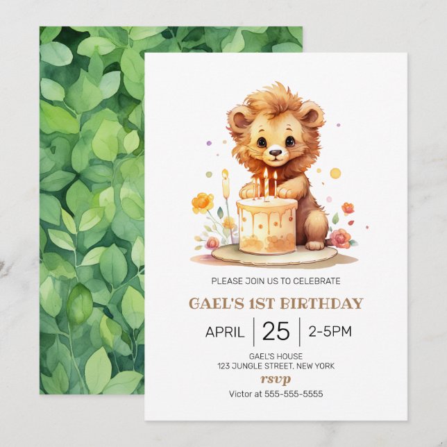 Invitation Safari Lion 1er anniversaire (Devant / Derrière)
