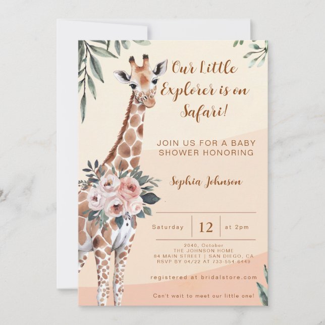 Invitation Safari Little Explorer Giraffe Baby shower (Devant)