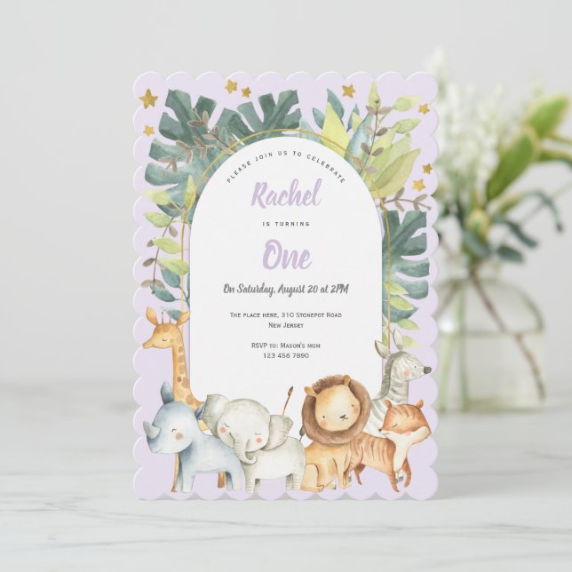Invitation Safari mignon animaux pourpre Fille premier annive (Debout devant)