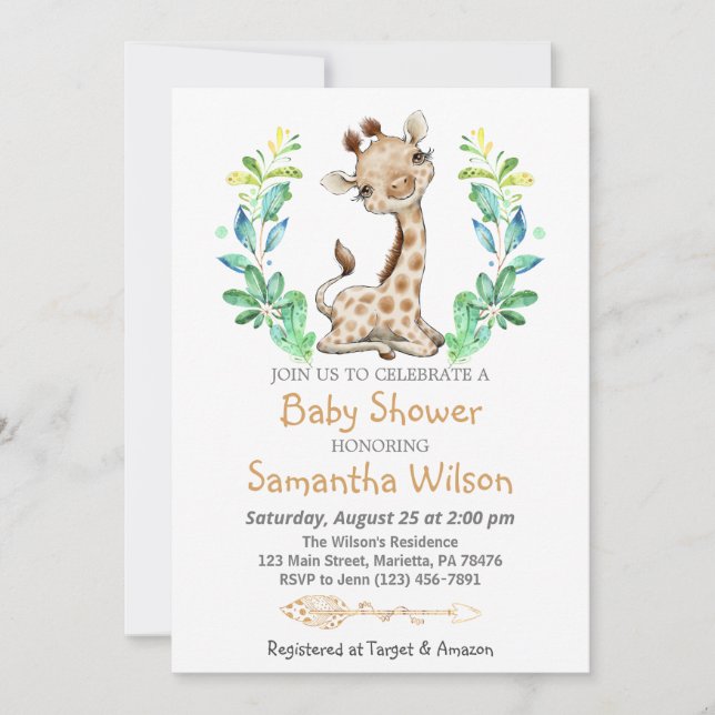 Invitation Safari mignon bébé Giraffe Baby shower sauvage (Devant)