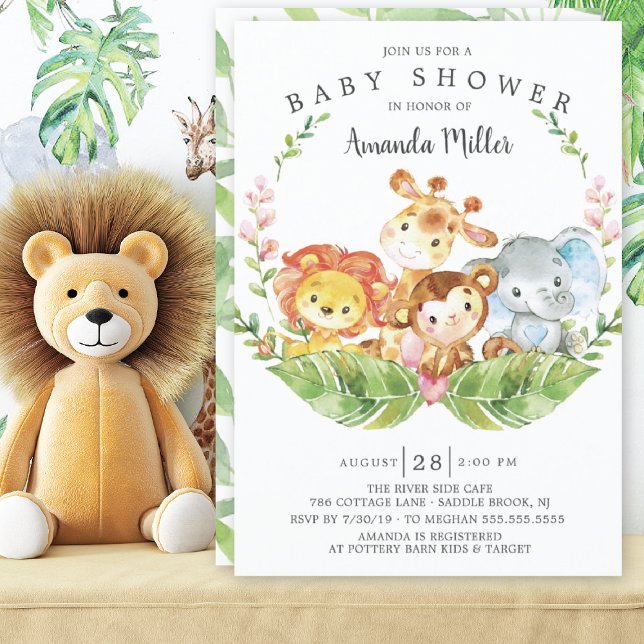 Invitation Safari moderne Jungle Animaux Filles Baby shower (Créateur téléchargé)