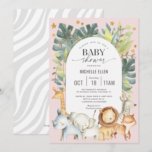 Invitation safari moderne rose mignon bébé animal fille douch (Devant / Derrière)