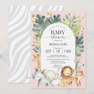 Invitation safari moderne rose mignon bébé animal fille douch