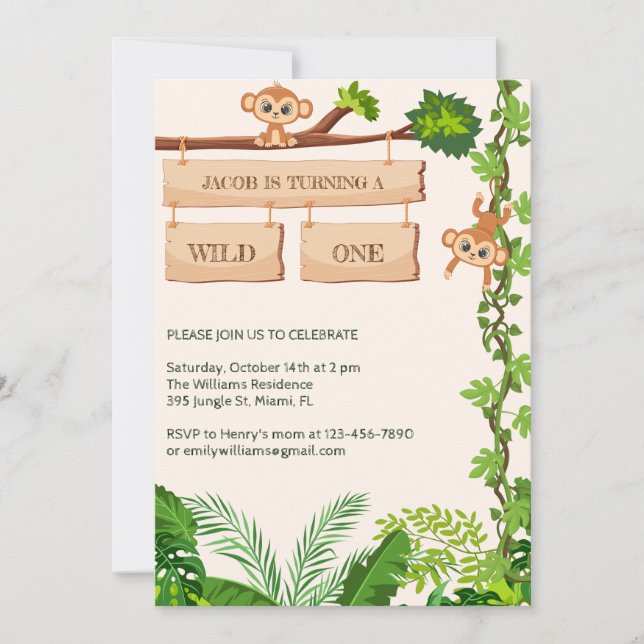 Invitation Safari Monkey Wild One Boys 1er Anniversaire (Devant)