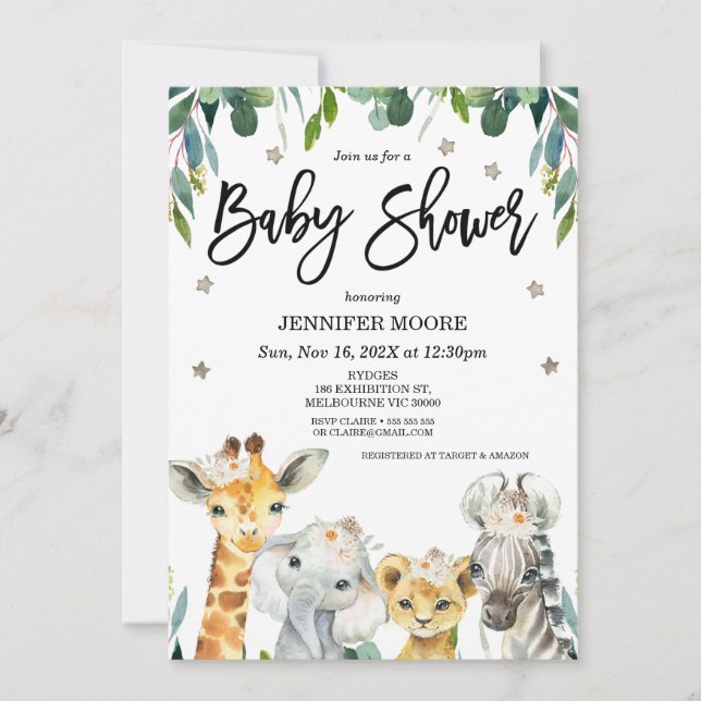 Invitation Safari Neutre Genre Foliage Étoiles Baby shower (Devant)