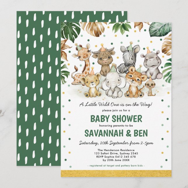 Invitation Safari Party Animaux Tropical Jungle Baby shower (Devant / Derrière)