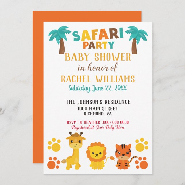 Invitation Safari Party Baby shower neutre du genre (Devant / Derrière)