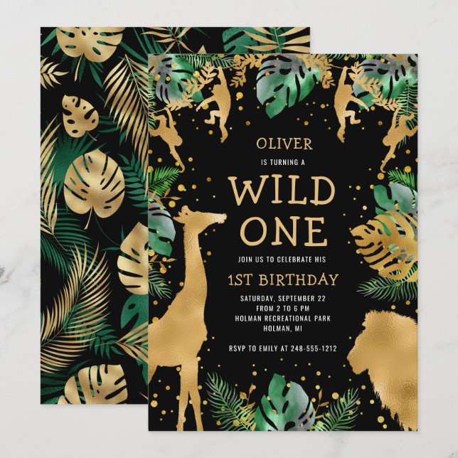 Invitation Safari Premier Anniversaire Noir Vert Or (Devant / Derrière)