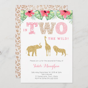 Invitation Safari rose et or sauvage 2e fête d'anniversaire