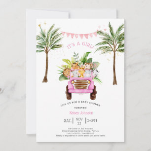 Invitation Safari rose Jungle Palmiers Baby shower fille