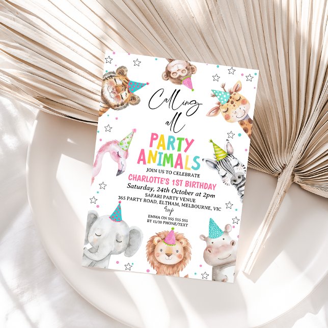Invitation Safari rose moderne appelant Animaux de fête Anniv (Colorful Safari Party Animals 1st Birthday Invitation, Calling All Party Animals Birthday Invite )