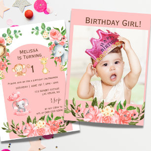 Invitation Safari rose Thème Premier anniversaire Photo Invit