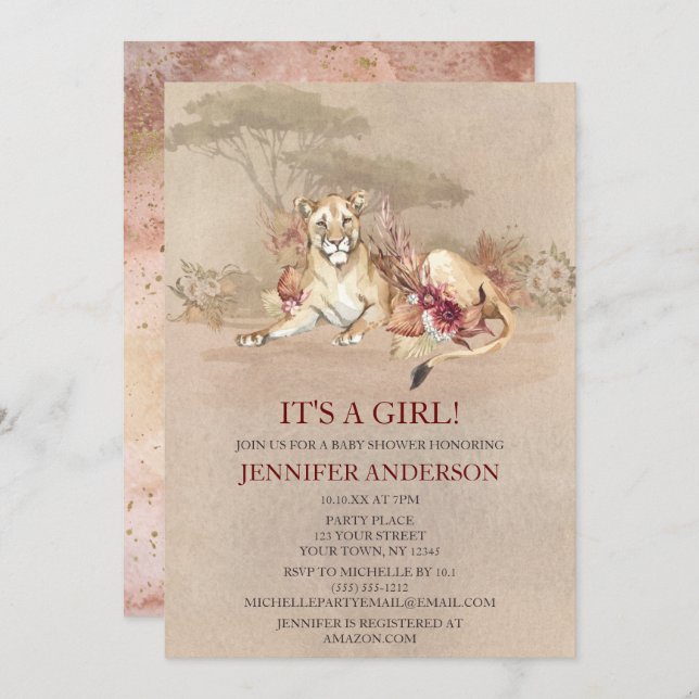 Invitation Safari Sahara Savanna Lion Baby shower FILLE (Devant / Derrière)