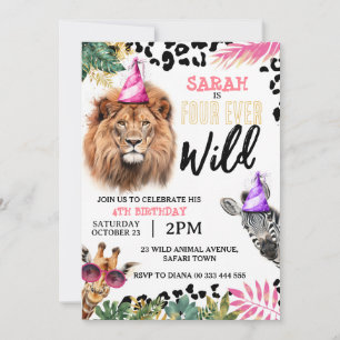 Invitation Safari sauvage quatre-jamais Animaux Fille 4e anni