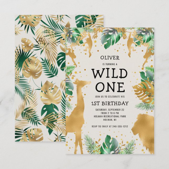 Invitation Safari Sauvage Vert Or Crème 1er Anniversaire (Devant / Derrière)