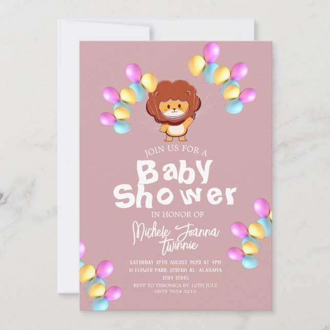Invitation Safari Simple Cute ballons lion Baby shower (Devant)