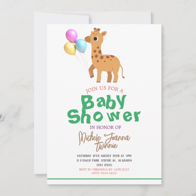 Invitation Safari Simple mignonne Animaux girafes Baby shower (Devant)