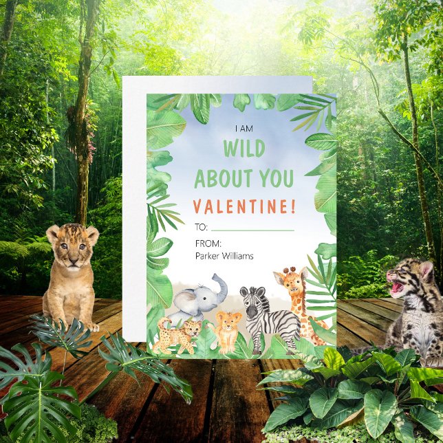 Invitation Safari Thème I Am Wild About You Valentine's Day ("I Am Wild About You Valentine!" Kid's Valentine's Day Classroom Card)