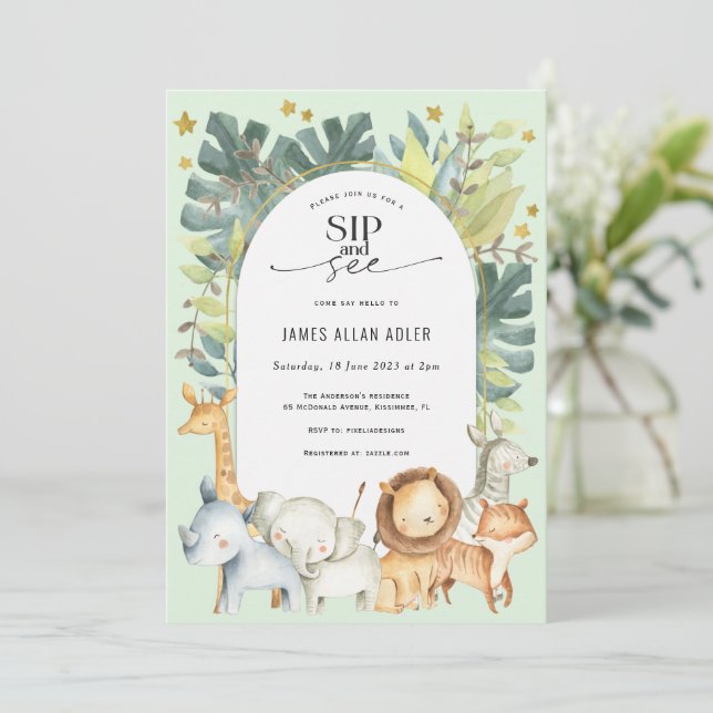 Invitation safari thème mignon sip et voir baby shower (Debout devant)