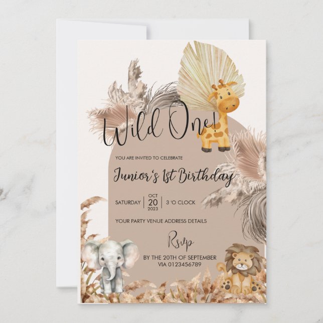 Invitation Safari Thème Wild One 1er Anniversaire de enfant I (Devant)