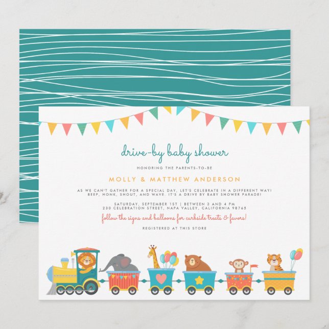 Invitation Safari Train & Bunting Joli Baby shower Drive-By (Devant / Derrière)