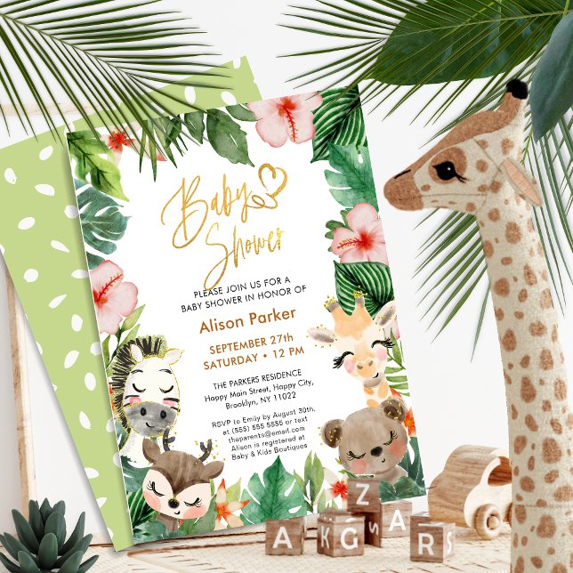 Invitation Safari Tropical Greenery Baby shower Gold Script (Créateur téléchargé)