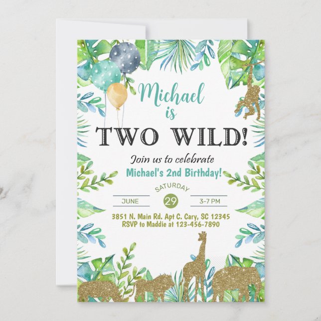 Invitation Safari Two Wild boy 2nd birthday invitation. (Devant)