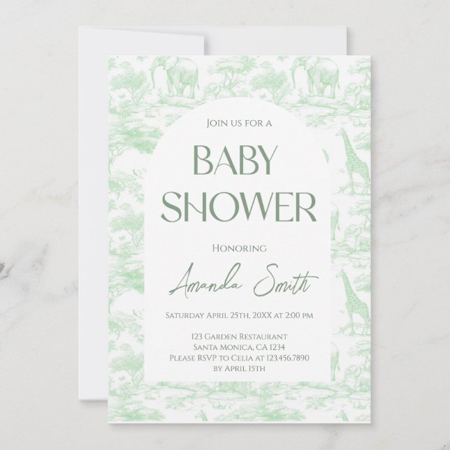 Invitation Safari vert Animaux Toile De Jouy Baby shower (Devant)