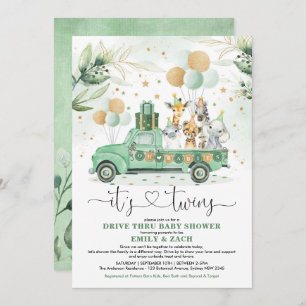 Invitation Safari vert Animaux Twins Boy Girl Baby shower