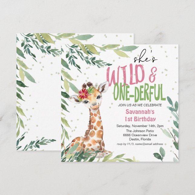 Invitation Safari vert Giraffe Wild Un 1er anniversaire (Devant / Derrière)