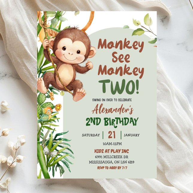 Invitation Safari vert Singe voit singe deux 2e anniversaire (Créateur téléchargé)