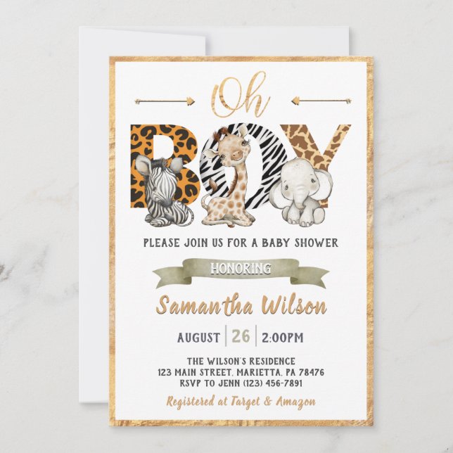Invitation Safari Wild Baby shower Gold Party (Devant)
