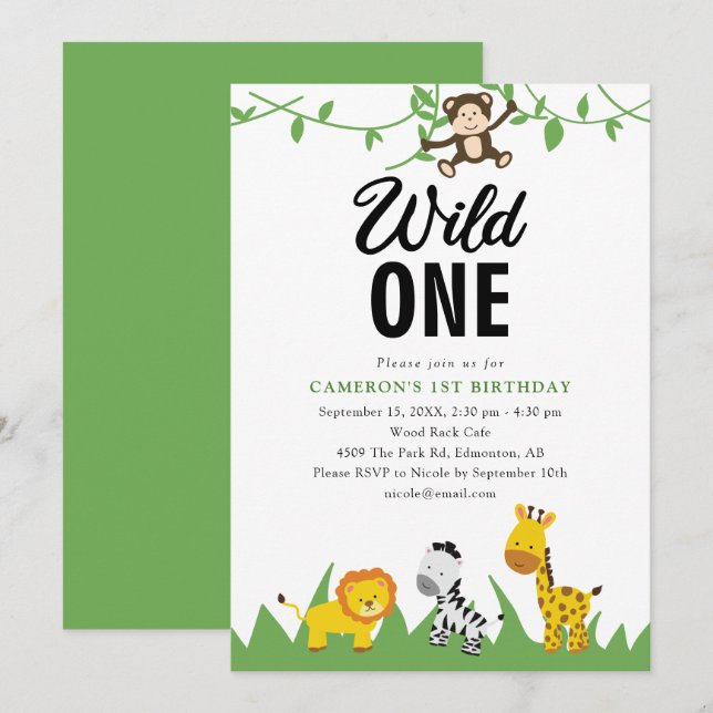 Invitation Safari Wild One 1er Anniversaire Cute Kawaii (Devant / Derrière)