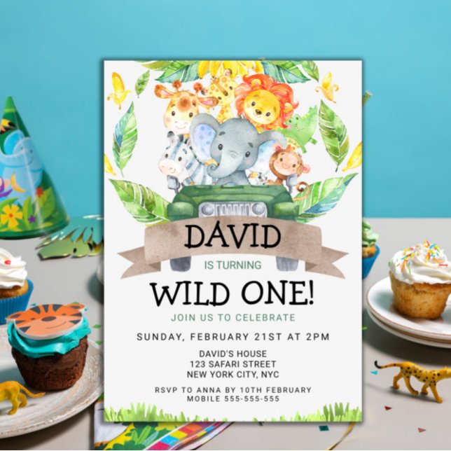 Invitation Safari Wild One 1ère fête d'anniversaire (Wild One Birthday Party 1st Birthday Safari Animals Jungle themed party for boys template cute)