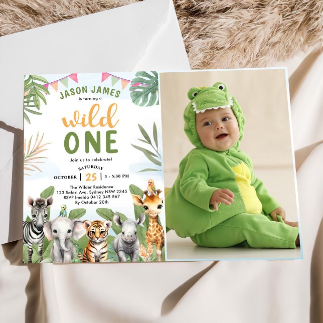 Invitation Safari Wild One 1st Boy Birthday Photo (Créateur téléchargé)