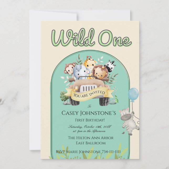 Invitation Safari Wild One Aquarelle 1er Anniversaire (Devant)