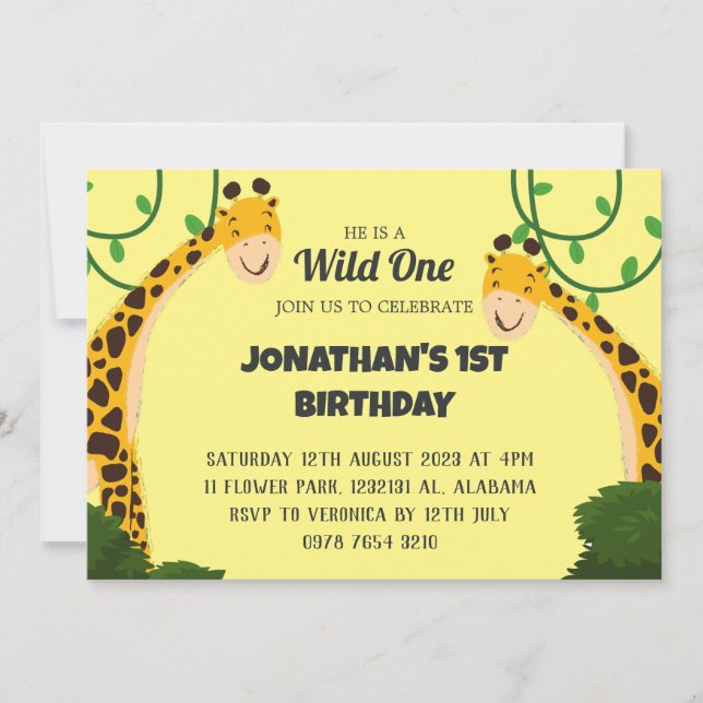 Invitation Safari Wild one Giraffe Simple premier anniversair (Devant)