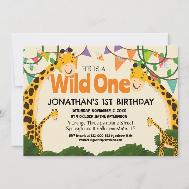Invitation Safari Wild one Giraffe Simple premier anniversair (Devant)