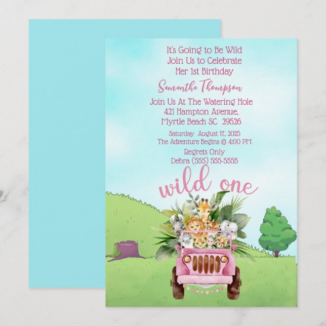 Invitation Safari Wild One Rose Girls Anniversaire (Devant / Derrière)