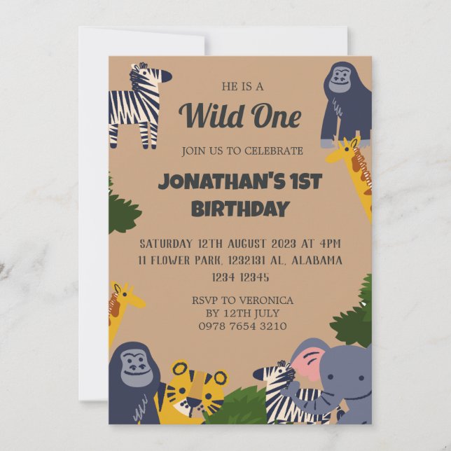 Invitation Safari Wild one Simple mignon premier anniversaire (Devant)