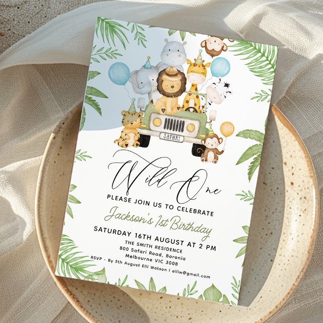 Invitation Safari Wild Un 1er Anniversaire (Boy Wild One 1st Birthday Invitation, Car Blue Balloons, Jungle Animals Wild One Birthday Party )