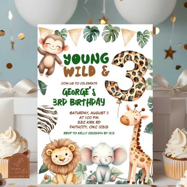 Invitation Safari Young wild and three birthday (Créateur téléchargé)