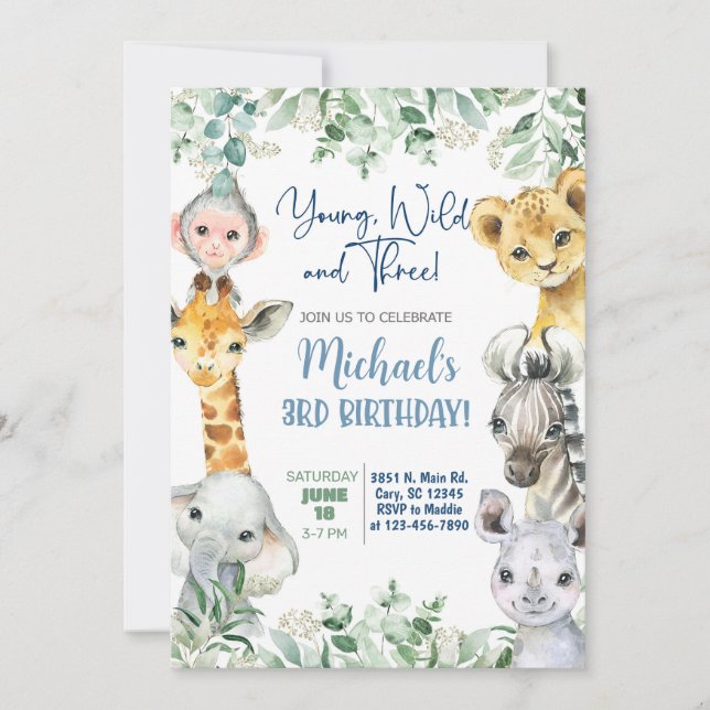 Invitation Safari Young, Wild & Three boy 3rd birthday invite (Devant)