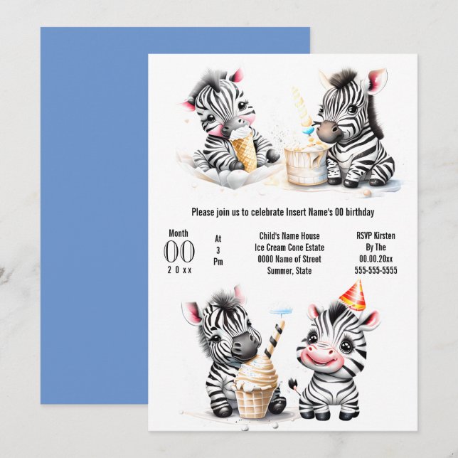 Invitation Safari zèbre glace fête pour enfants fête d'été (Devant / Derrière)