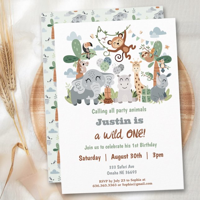 Invitation Safari ZOO Boho Animaux sauvages Un 1er anniversai (Safari ZOO Boho Animals Wild One 1st Birthday Invitation)