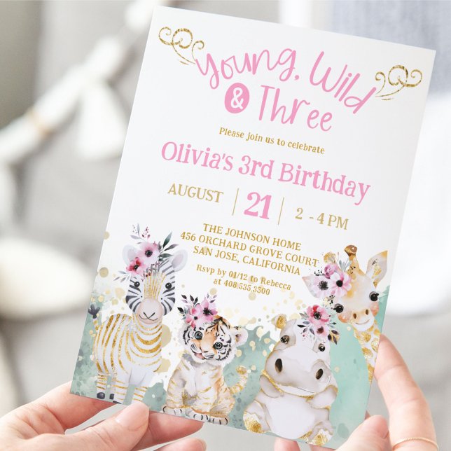 Invitation Safari Zoo rose or Floral Girl 3e anniversaire (young wild and three birthday invitation)