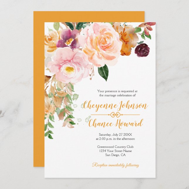 Invitation Saffron Yellow Rose Mauve Rustique Mariage | (Devant / Derrière)