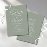 Invitation Sage All In One Simple Elegant Script Mariage<br><div class="desc">Doté de noms de style signature,  cet élégant faire-part de mariage sage peut être personnalisé avec toutes vos informations spéciales sur le jour de mariage au verso,  y compris votre RSVP,  l'hébergement,  et des détails supplémentaires. Conçu par Thisisnotme©</div>
